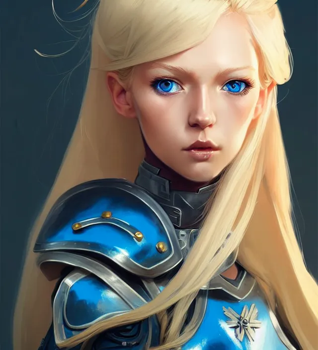 Image similar to character concept art of a cute german woman with blond hair and blue eyes, wearing plastic armor. lovely - fine - face, pretty face, key visual, realistic shaded perfect face, fine details by wlop, james jean, andrei riabovitchev, marc simonetti, sakimichan, trending on artstation