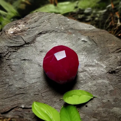 Image similar to a cut ruby gemstone mushroom, shiny, in the forest, unreal engine