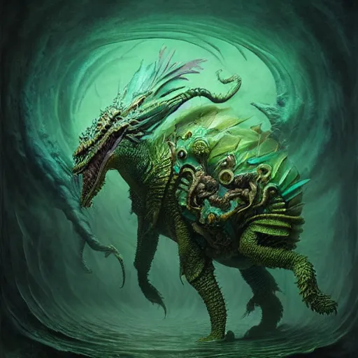 Prompt: a stunning detailed 3d matte portrait of a bulette with green plated carapace, male, standing in a maelstrom, by ellen jewett, by tomasz alen kopera, by Justin Gerard, ominous, magical realism, texture, gills, intricate, whirling smoke, alchemist bottles, radiant colors, fantasy, dungeons and dragons, dnd, volumetric lighting, high details