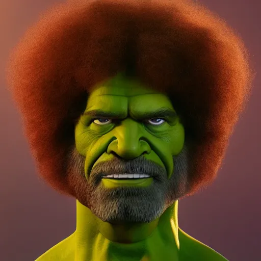 Image similar to full body portrait , photomanipulation of BOB ROSS as hulk with human flesh, marvel, fully detailed, volumetric lightening, octane render, 8k, masterpiece, epic composition