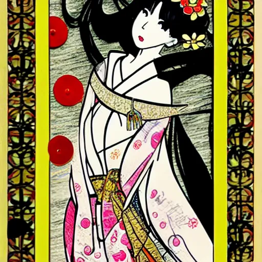 Prompt: paper quilling vibrant geisha, casting spell, dramatic wind in berzerk manga art style