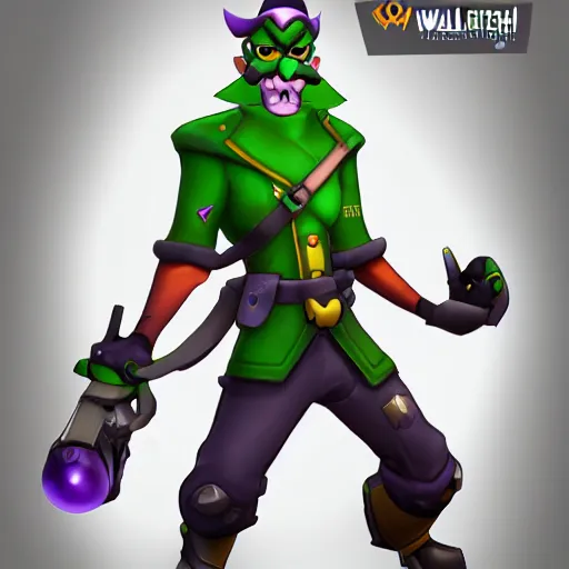 Prompt: waluigi overwatch hero concept character, trending on artstation