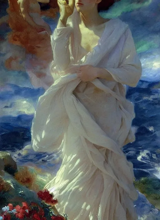 Image similar to a painting so beautiful and universally loved it creates peace on earth, profound epiphany, atmospheric, by john singer sargent and agostino arrivabene and joaquin sorolla