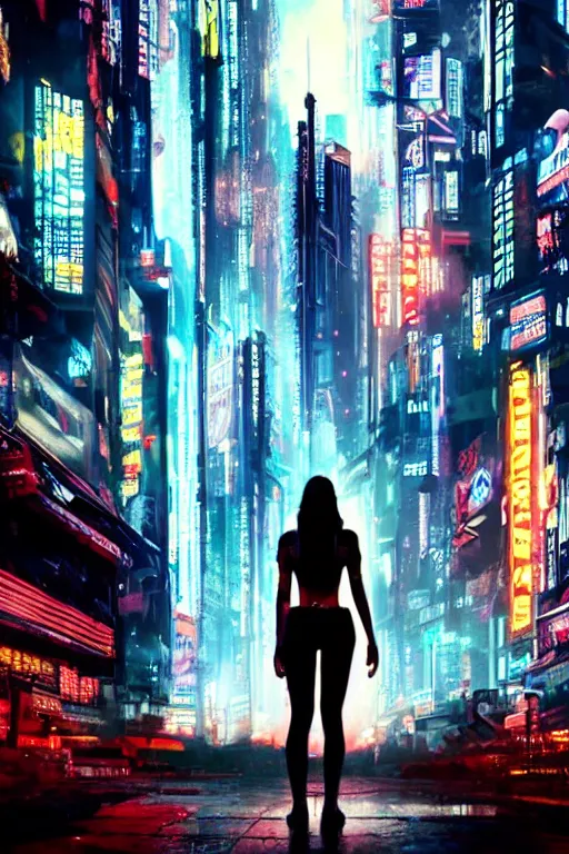 Prompt: A girl stands in front of cyberpunk city, in theme of Bladerunner movie.