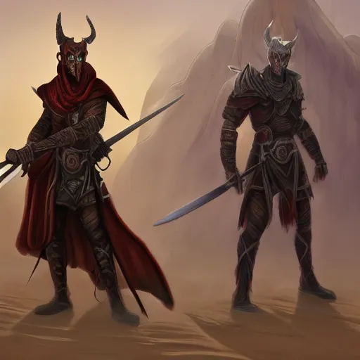 Prompt: a tiefling warrior holding two swords, standing in a desert, medium shot, fantasy, concept art, 4k