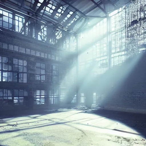 Prompt: abandoned industrial factory interior, volumetric light scattering through the windows, digital art, trending on artstation