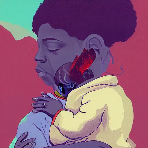 Prompt: A painting of Donda West embracing her son Kanye West as a spirit, side profile, blood, intricate details, afrofuturism, 8K concept art, spiritual, Simom Stalenhag, digital art