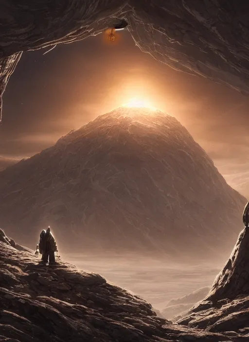 Image similar to a cosmic monk in lord of the rings scenery landscape, looking at a huge futuristic spacecraft hovering in the sky, highly detailed, vivid color, cinematic lighting, perfect composition, 8 k, gustave dore, derek zabrocki, greg rutkowski, belsinski, octane render