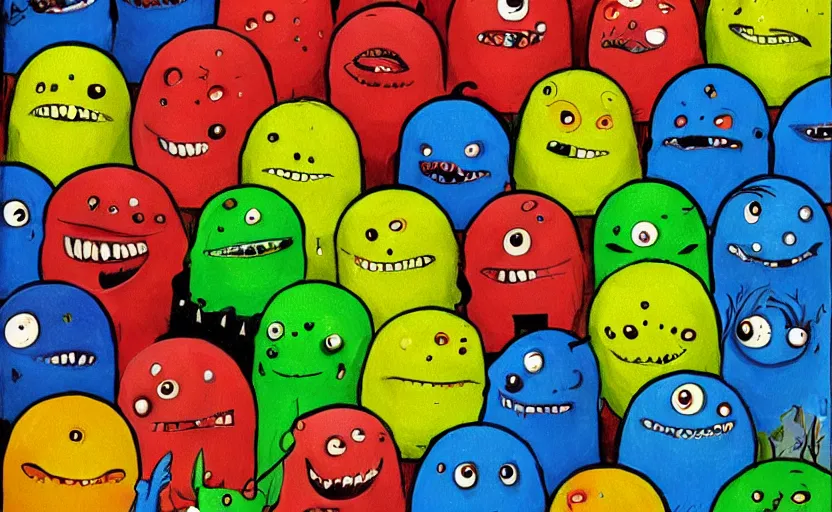 Image similar to an army of differnt tennis ball monsters, colorful, digital art, fantasy, magic, chalk, trending on artstation, ultra detailed, professional illustration by basil gogos