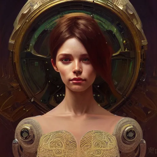 Image similar to a portait of anthropomorphic artificial intelligence, female, machine, intricate, highly detailed, digital painting, artstation, concept art, smooth, sharp focus, illustration, unreal engine 5, 8 k, art by artgerm and greg rutkowski and alphonse mucha