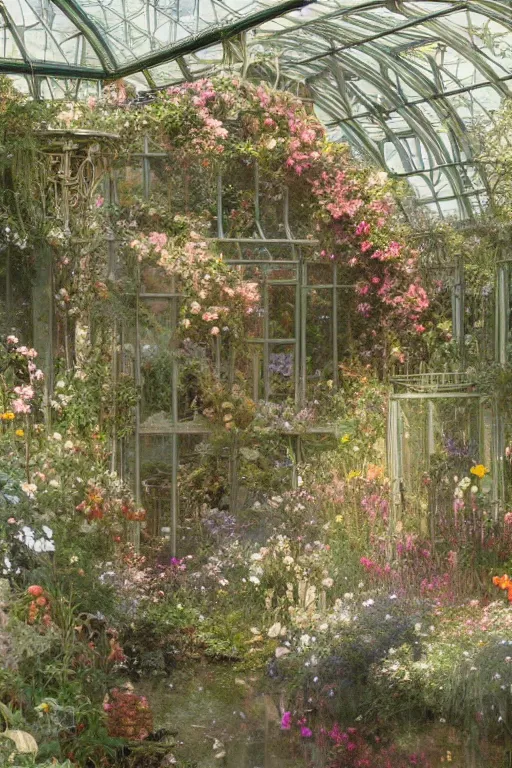 Image similar to a beautifull intricate greenhouse with many flowers, reflexions, verry high details by william turner art, greg rutkowski and alphonse mucha, trending on artstation, very very detailed, masterpiece,