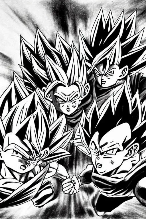 Image similar to realistic drawing of goku fighting vegeta in black and white on the planet namek