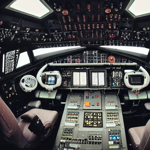 Prompt: the cockpit of an industrial spaceship with buttons and switches, dimly lit, dirty.