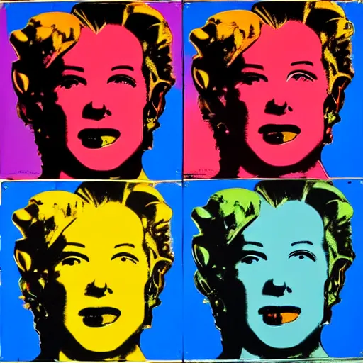 Image similar to old robot, 6 panels by andy warhol, with highly contrasted colors and an illuminating background