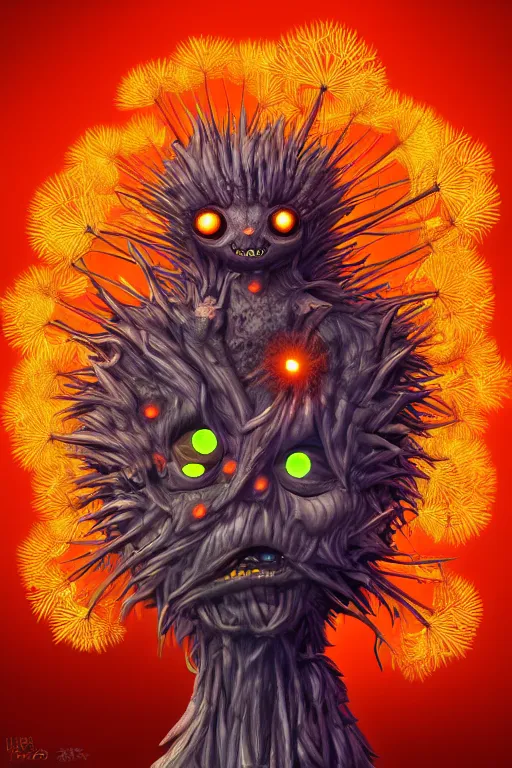 Prompt: a glowing humanoid figure dandelion monster with large glowing eyes, orange background, highly detailed, digital art, sharp focus, trending on art station, plant, anime art style
