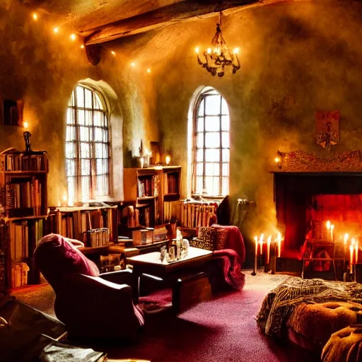 Image similar to A photograph of the Gryffindor common room, cozy arm chairs, a fire burning in the hearth, high ceilings, lit by many candles, light rays, magic aura, bloom, mysterious