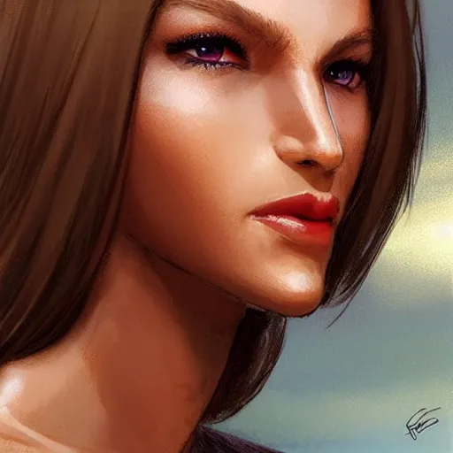 Prompt: a tall, tan skinned woman with sunken, dark brown eyes, defined cheekbones and a large nose. she has lank, brown hair, wears reddish lipstick, and she has a crooked smile. detailed face, smooth, sharp focus, graphic novel, by artgerm and greg rutkowski and pepe larraz