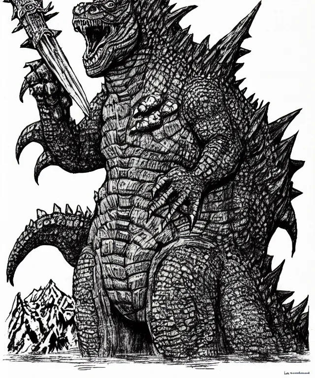 Image similar to godzilla as a d & d monster, full body, pen - and - ink illustration, etching, by russ nicholson, david a trampier, larry elmore, 1 9 8 1, hq scan, intricate details, stylized border