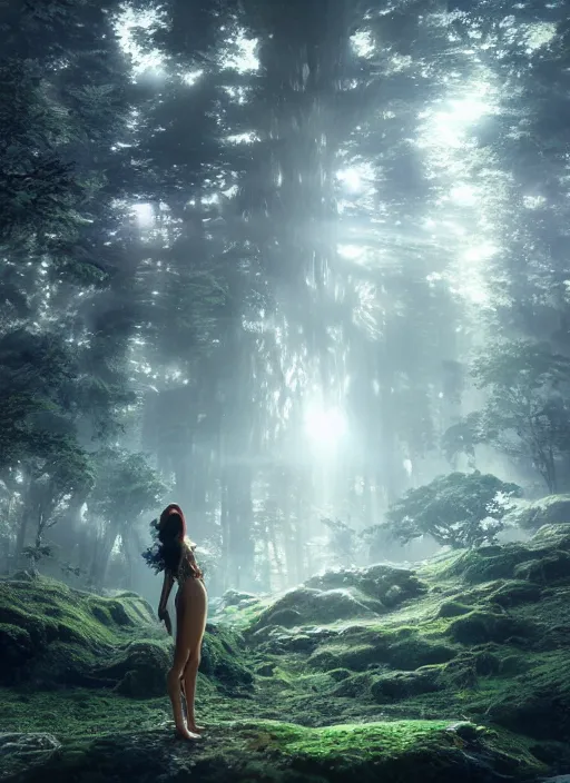 Image similar to beauteous nebular biomechanical incredible hair, crystalline masterpiece incrustations, hyperdetailed face, flippered feet, elegant pose, movie still, intricate, octane render, cinematic forest lighting, cgsociety, unreal engine, crepuscular rays, god rays, caustic shadows lighting