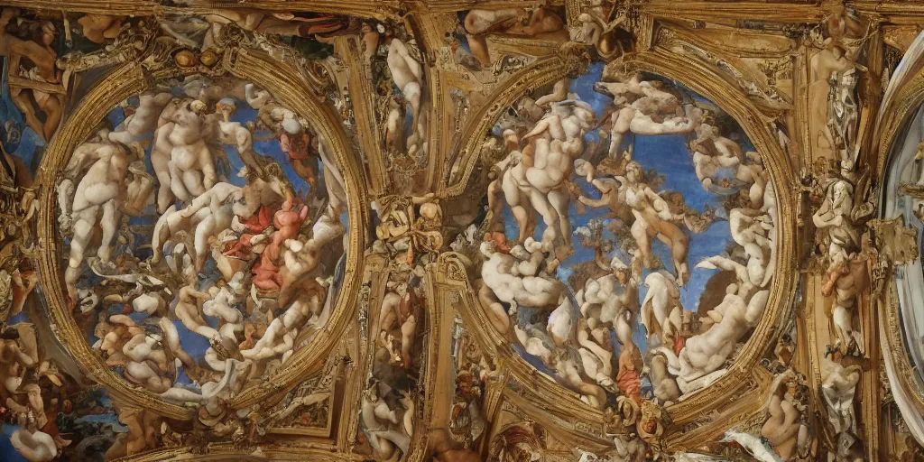 Prompt: intricate 2 1 savage sistine ceiling 1 5 0 8 chapel hand painting michelangelo renaissance