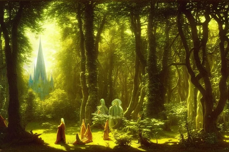 Image similar to a beautiful and highly detailed photo painting of an elven cathedral in a beautiful garden in a mystical forest, by caspar friedrich, albert bierstadt, james gurney, brian froud,