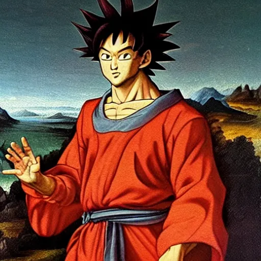 Prompt: renaissance oil painting of Goku wearing a robe, posing as king