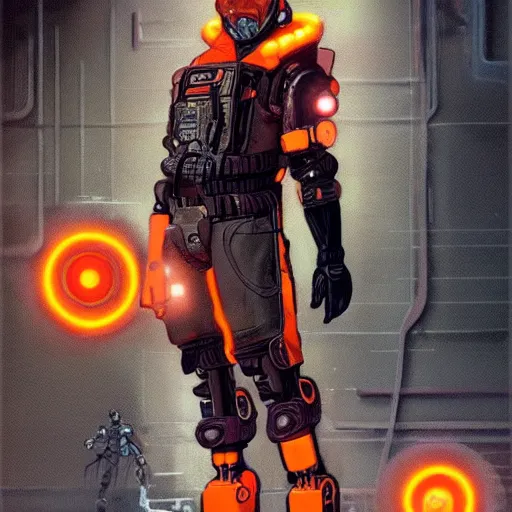 Prompt: cyberpunk mechanic dude with robotic calves. orange and black color scheme. concept art by james gurney and mœbius. apex legends character art