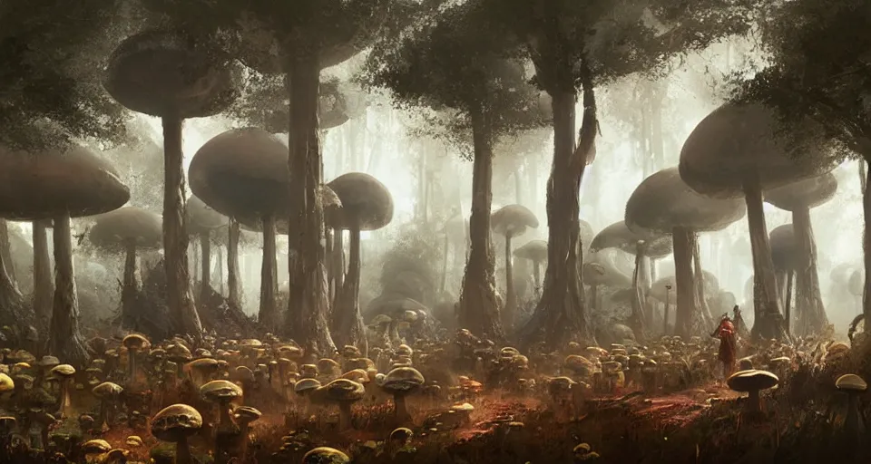 Prompt: A tribal village in a forest of giant mushrooms, by Greg Rutkowski