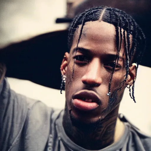 Image similar to A renaissance painting of Travis Scott, close up, portrait, album cover, shallow depth of field, 40mm lens, gritty, textures