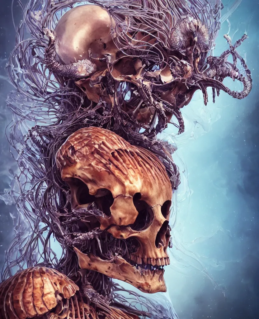 Image similar to close-up macro portrait of the face of a beautiful princess with animal skull mask and ribcage, skeleton epic angle and pose, symmetrical artwork, 3d with depth of field, blurred background, cybernetic jellyfish female face skull phoenix bird, translucent, nautilus, energy flows of water and fire. a highly detailed epic cinematic concept art CG render. made in Maya, Blender and Photoshop, octane render, excellent composition, cinematic dystopian brutalist atmosphere, dynamic dramatic cinematic lighting, aesthetic, very inspirational, arthouse. y Greg Rutkowski, Ilya Kuvshinov, WLOP, Stanley Artgerm Lau, Ruan Jia and Fenghua Zhong