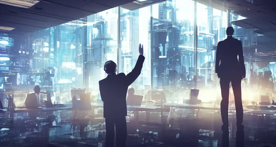 Image similar to Dramatic photo of a CEO waving goodbye to silhouettes of his coworkers in a futuristic office. Golden coins are levitating all around them. 8k, high detail, trending on Artstation, volumetric lighting, cyberpunk