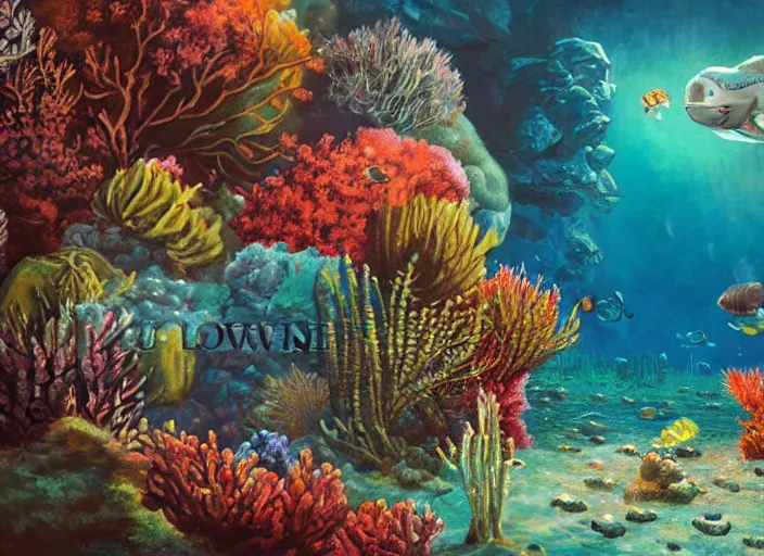 Prompt: epic cinematic artwork of a steam train underwater, coral reef, beautiful artwork by rutowski and brom,