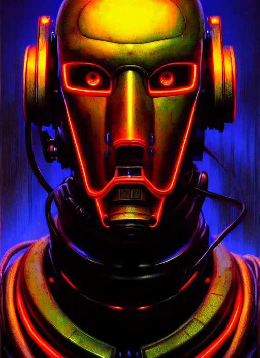 Prompt: cinematic bust portrait of a Japanese male cyberpunk cyborg, head and chest only, exotic alien features, grunge, grime, tech-noir, low-key, glowing lights, robot parts, computer monitors, Tim Hildebrandt, Wayne Barlowe, Bruce Pennington, donato giancola, larry elmore, oil on canvas, masterpiece, trending on artstation, featured on pixiv, cinematic composition, dramatic pose, beautiful lighting, sharp, details, hyper-detailed, HD, HDR, 4K, 8K