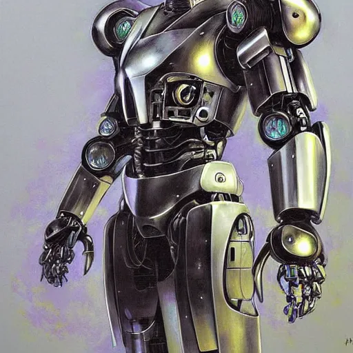 Prompt: a simple concept art portrait of an amazingly designed robot with sleek modern armor. an award winning yoshitaka amano digital art poster color painting. a masterpiece by james gurney. poster colour on canvas.