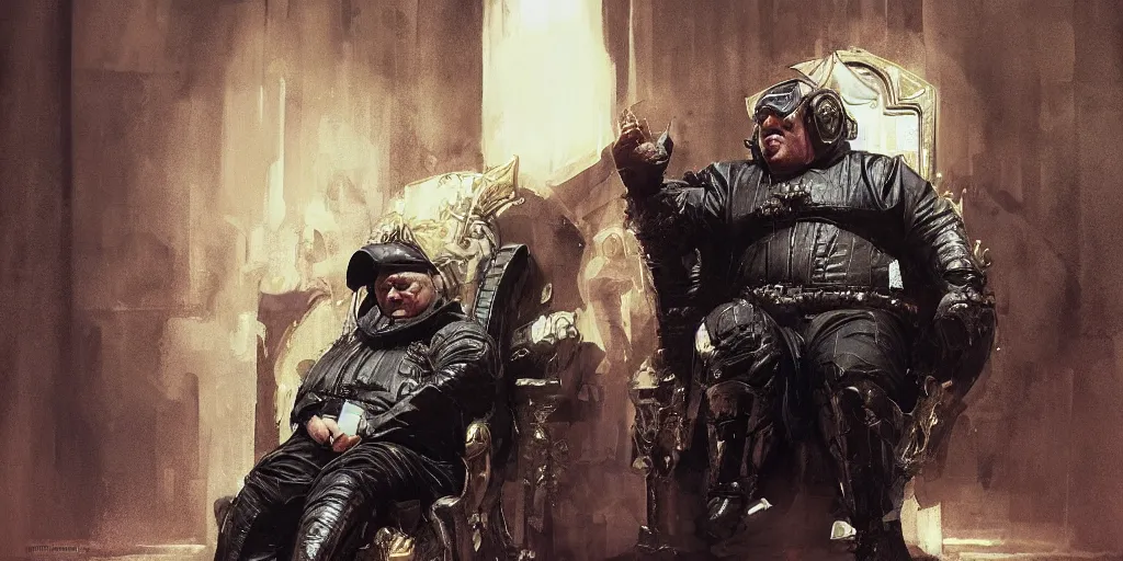 Image similar to shaun ryder as baron harkonnen wearing a leather spacesuit and sitting on a throne in the throne room on guidi prime, by normal rockwell and craig mullins and jeremy mann, photoreal, science fiction character concept art, artstation