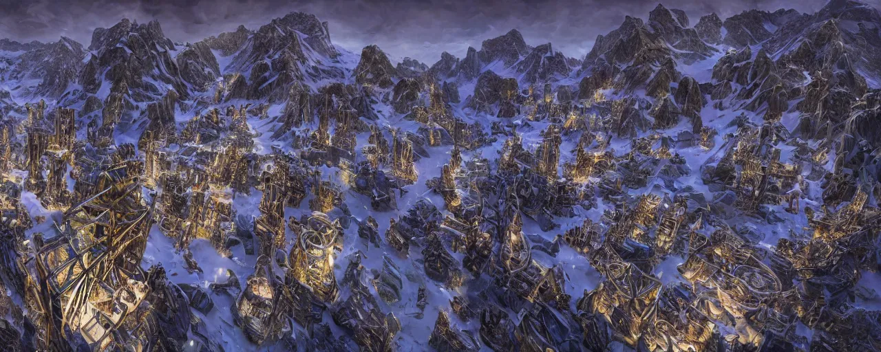 Prompt: haunted alien city of impossible towers and gravity - defying megastructures in the mountains of antarctica, upward angle, extremely hyperdetailed, photorealism, 8 k, 8 mm, deerie night lighting, lovecraftian