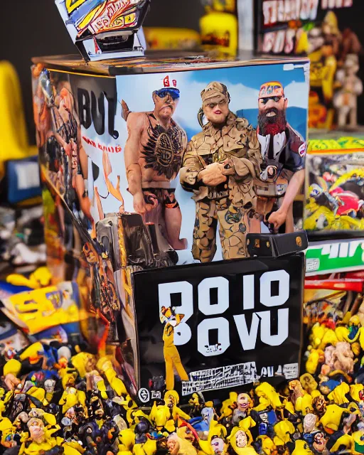 Image similar to box of the toy of proud boys as an action figure, hyper real, advertising photography, 8k