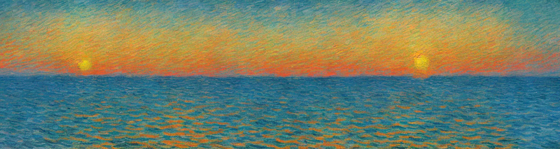 Image similar to An aesthetically pleasing, dynamic, energetic, lively, well-designed digital art of the ocean at sunset, light and shadow, by Claude Monet and Vincent Van Gogh, superior quality, masterpiece, excellent use of negative space. 8K, superior detail.