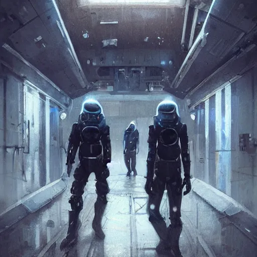 Prompt: concept art by greg rutkowski, three people wearing futuristic space suits, exploring the interior of an abandoned space station, brutalist futuristic interior, dark lighting atmosphere, detailed portraits, scary atmosphere, scifi, digital painting, artstation, concept art, smooth, sharp foccus ilustration, artstation hq