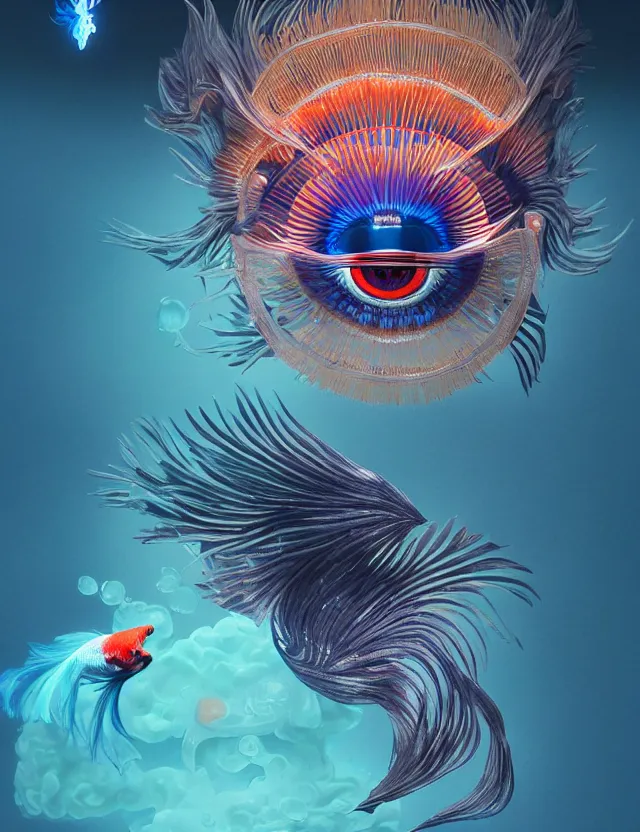 Image similar to 3 d eye of god. beautiful intricately detailed japanese crow kitsune mask and clasical japanese kimono. betta fish, jellyfish phoenix, bio luminescent, plasma, ice, water, wind, creature, artwork by tooth wu and wlop and beeple and greg rutkowski