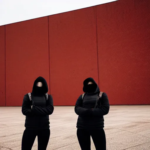 Prompt: photographic portrait of 2 clones in front of a brutalist metal building, 2 techwear women, on a desolate plain, red sky, sigma 8 5 mm f / 1. 4, 4 k, depth of field, high resolution, 4 k, 8 k, hd, full color