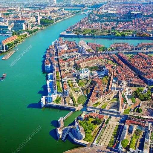 Image similar to aerial view of bordeaux, art concept, architectural, coherent, you can see the river and most known monuments, tropical mood, water is like a lagoon