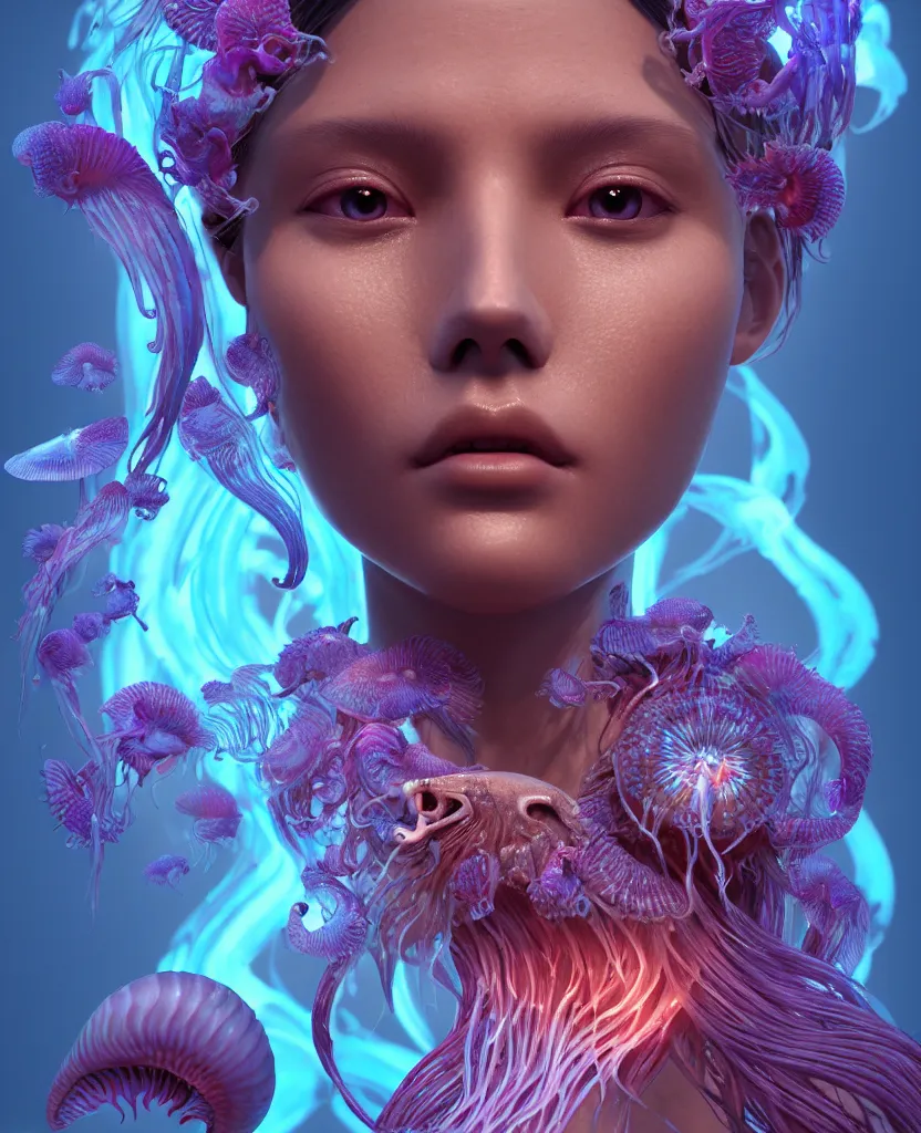 Image similar to goddess close-up face portrait. chimera orchid jellyfish phoenix head, nautilus, skull, betta fish, bioluminiscent creatures, intricate artwork by Tooth Wu and wlop and beeple. octane render, trending on artstation, greg rutkowski very coherent symmetrical artwork. cinematic, hyper realism, high detail, octane render, 8k