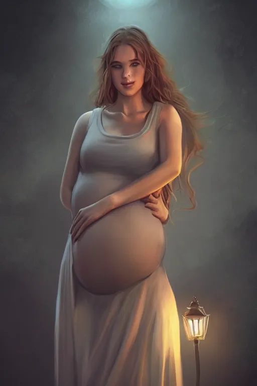 Image similar to pregnant woman under street light, highly detailed, sharp focused, ultra realistic digital concept art by Charlie Bowater