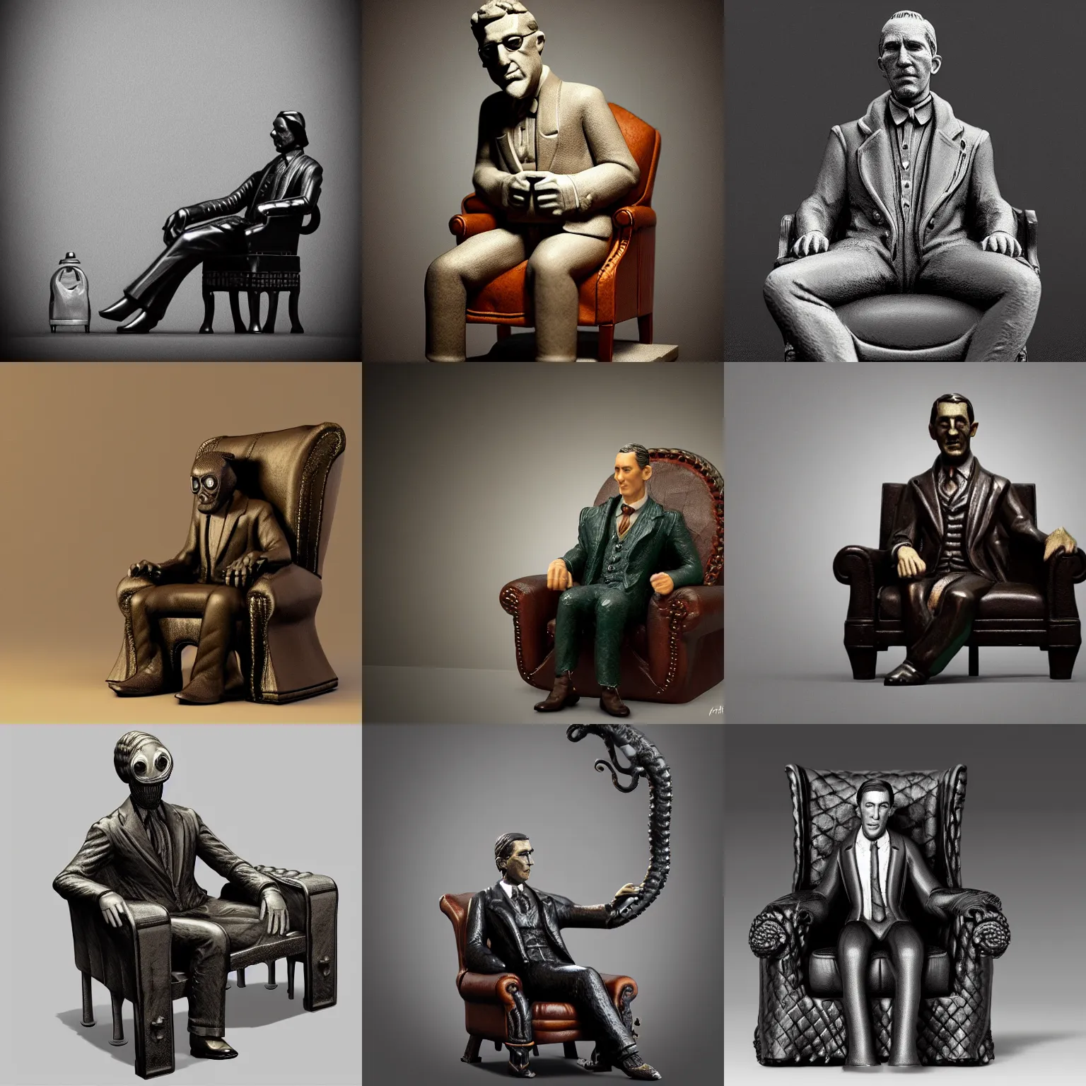 Prompt: isometric view 2 8 mm miniature statue howard phillips lovecraft dressed suit sitting in tall leather armchair hold the cat on lap, big tentacle behind him, darkness, cast iron material, black background, octane render, backlight, highly detailed intricate matte sharp focus digital painting artstation pixiv