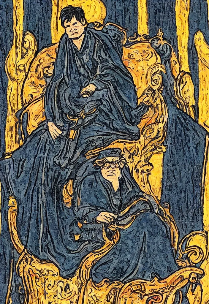 Prompt: Yann LeCun sitting on the throne on a tarot card, illustrated on the Rider–Waite tarot, highly detailed