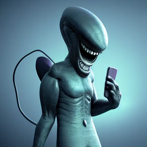 Image similar to an angry alien on the phone, photorealistic, 3d render, award winning render, unreal engine, octane render, studio lighting, 8k, hd