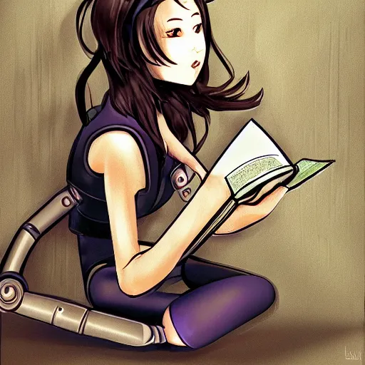 Image similar to robotic cybernetic girl reading a book, portrait, pixiv, arstation, digital art