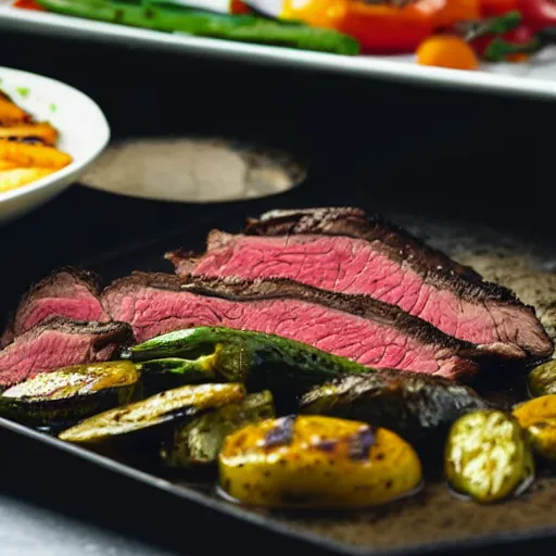 Prompt: delicious 3 2 mm zoomed in adversities photography of a large smoked and seasoned steak well done, with a side seasoned grilled vegetables top in a creamy mozzarella cheese sauce, on a hot platter, very delicious