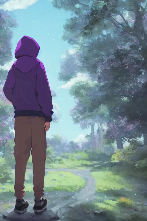 Image similar to young man in a purple hoodie, back view, messy short brown hair, detailed neighbourhood background, trees, colourful, 8 k, anime, ghibli style, graphic novel, digital art trending on artstation, volumetric lighting, octane render, cinematic, hyper detailed